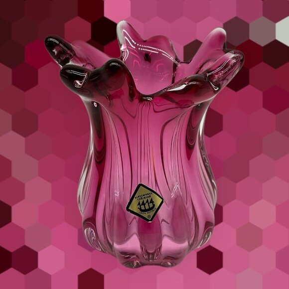 Joseph Hospodka VASE Chribska Glassworks Chzech Bohemian 5 Inch Cranberry VTG - Picture 3 of 15